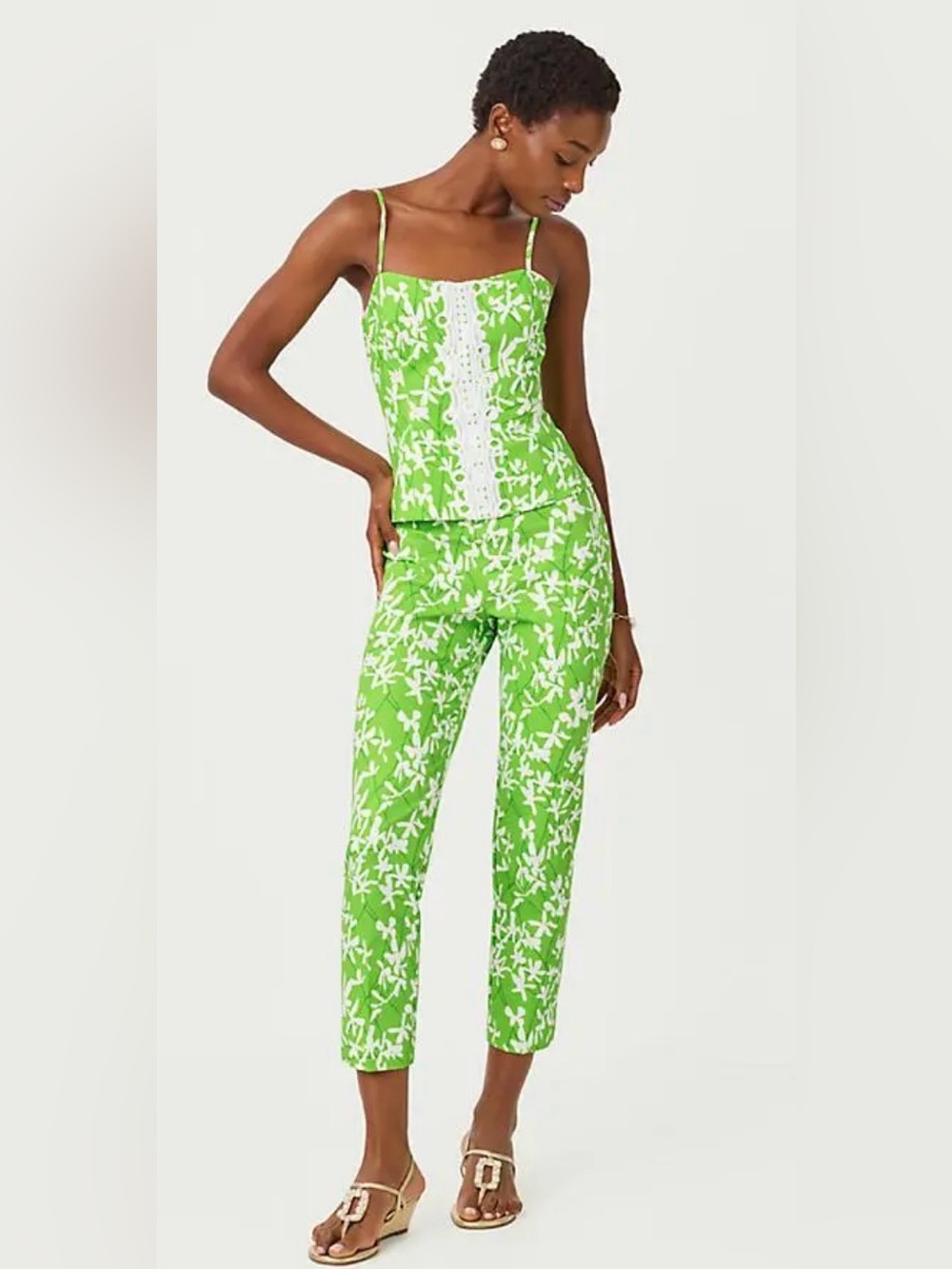 Lilly Pulitzer Shelli Stretch Top With Lace Trim - Crocodile Green Liza